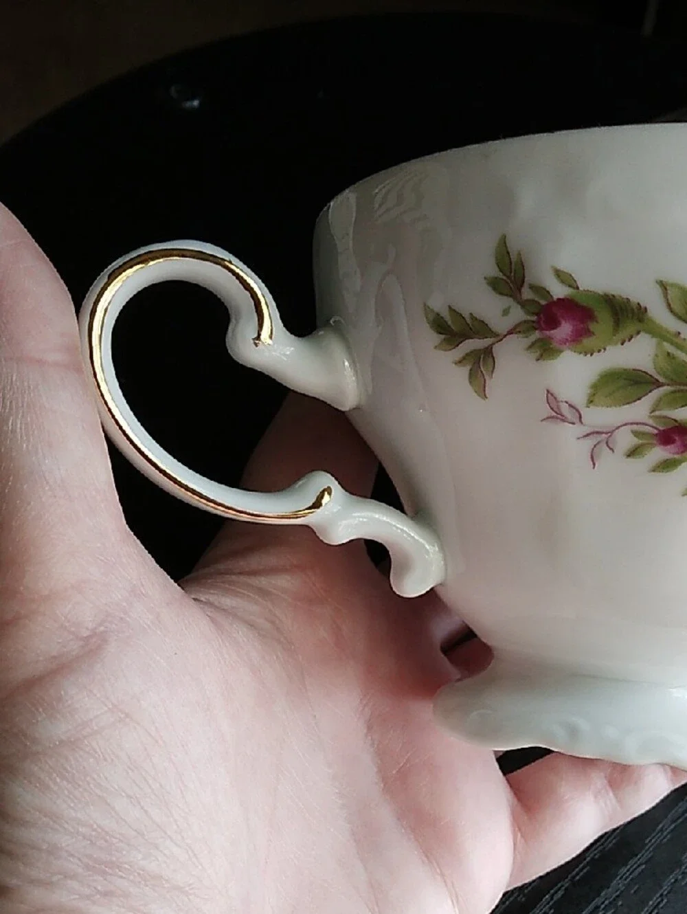 Johann Haviland Vintage White Porcelain Teacups with Pink Rose Motif Gold Trim